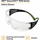 3M SecureFit Protective Eyewear, Polycarbonate, Anti-fog, Impact Resistant, Frameless, Rubber Tipped Temples, Adjustable Temple, Soft, Diopter Lens, 20/Carton (MMMSF425AFCT)