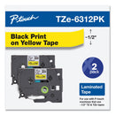 Brother TZe Standard Adhesive Laminated Labeling Tape, 0.47" x 26.2 ft, Black on Yellow, 2/Pack (BRTTZE6312PK)