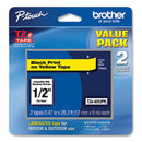 Brother TZe Standard Adhesive Laminated Labeling Tape, 0.47" x 26.2 ft, Black on Yellow, 2/Pack (BRTTZE6312PK)
