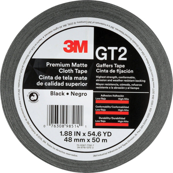 3M™ Gaffers Cloth Tape, 1-9/10" x 163-4/5', 11 mil, Black (MMMGT2)