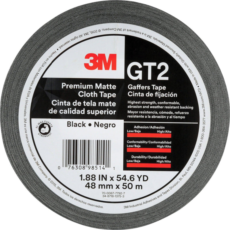 3M™ Gaffers Cloth Tape, 1-9/10" x 163-4/5', 11 mil, Black (MMMGT2)
