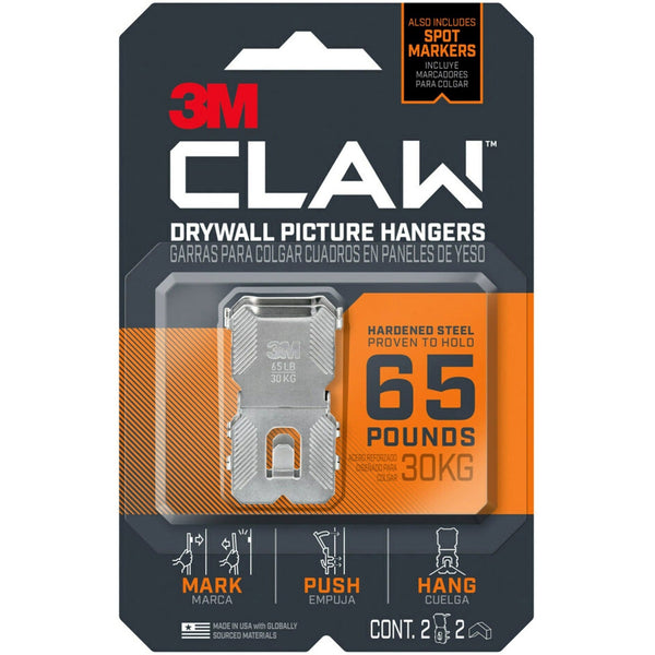 3M™ CLAW Drywall Picture Hanger - 65 lb (29.48 kg) Capacity - 2", for Pictures, Project, Mirror, Frame, Home, Decoration - Steel - Gray - 2 / Pack (MMM3PH65M2ES)
