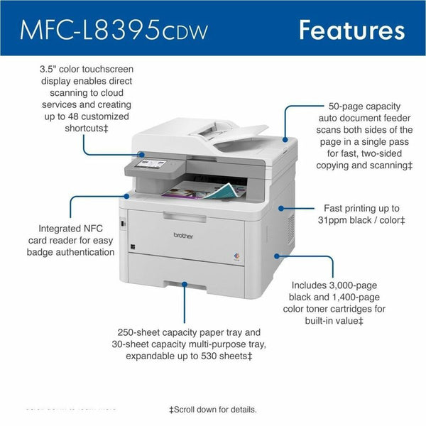 Brother Workhorse MFC-L8395CDW Digital Color All-in-One Printer, Copy/Fax/Print/Scan (BRTMFCL8395CDW)