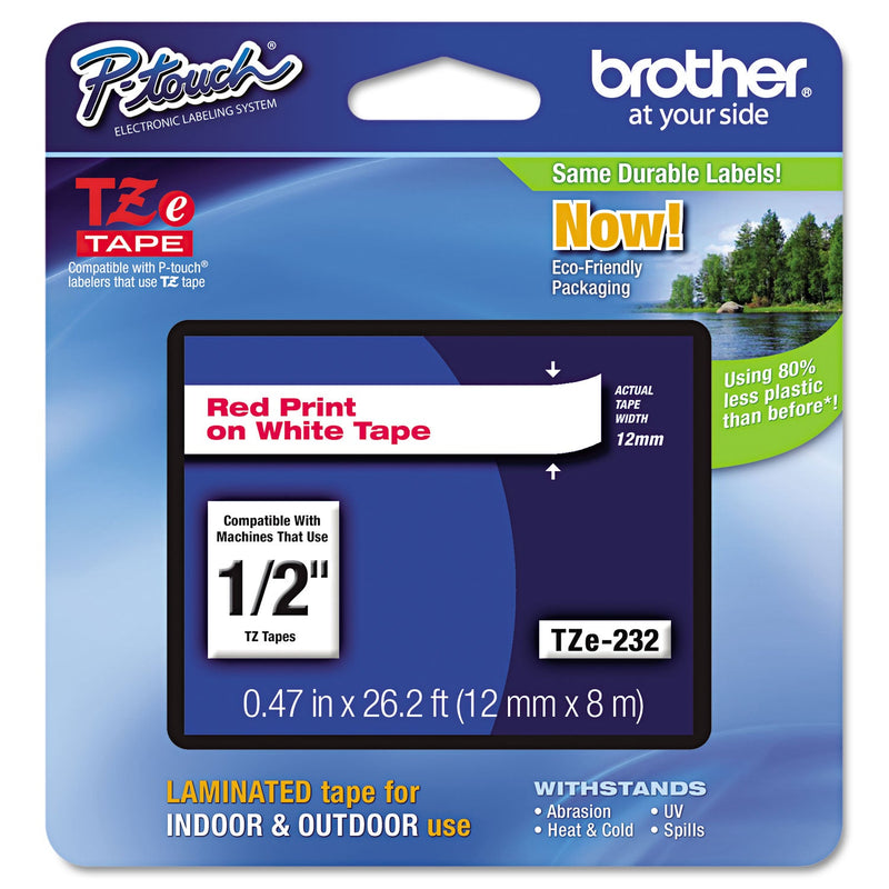 Brother TZe Standard Adhesive Laminated Labeling Tape, 0.47" x 26.2 ft, Red on White (BRTTZE232)