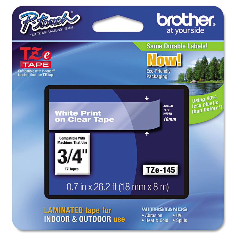 Brother TZe Standard Adhesive Laminated Labeling Tape, 0.7" x 26.2 ft, White on Clear (BRTTZE145)