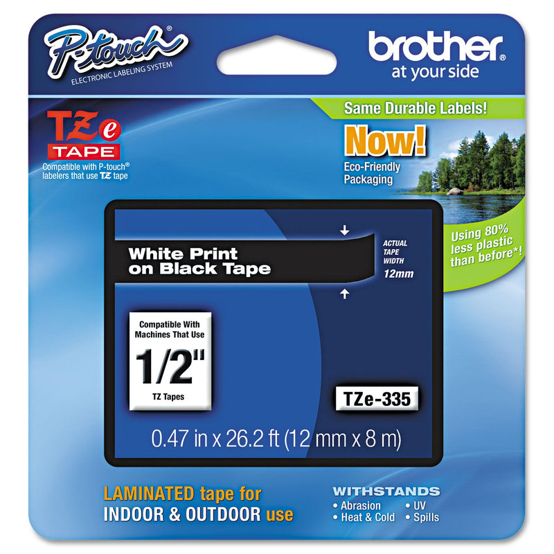Brother TZe Standard Adhesive Laminated Labeling Tape, 0.47" x 26.2 ft, White on Black (BRTTZE335)