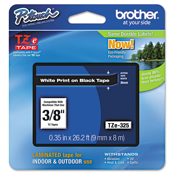 Brother TZe Standard Adhesive Laminated Labeling Tape, 0.35" x 26.2 ft, White on Black (BRTTZE325)