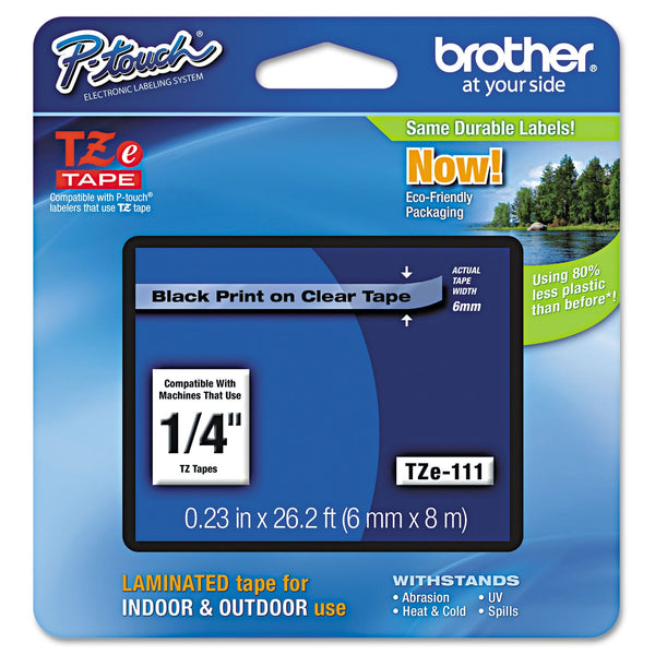 Brother TZe Standard Adhesive Laminated Labeling Tape, 0.23" x 26.2 ft, Black on Clear (BRTTZE111)