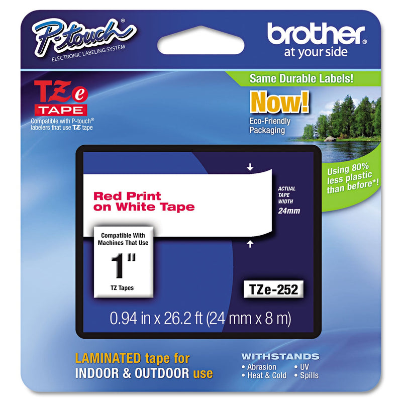 Brother TZe Standard Adhesive Laminated Labeling Tape, 0.94" x 26.2 ft, Red on White (BRTTZE252)