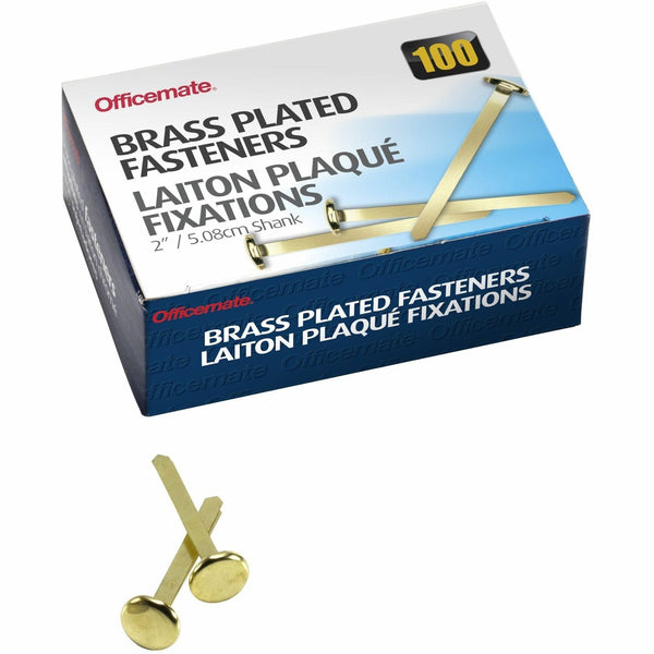 Officemate Roundhead Fastener, 2&quot; Shank, 1/2&quot; Head, Brass Plated (OIC99817)
