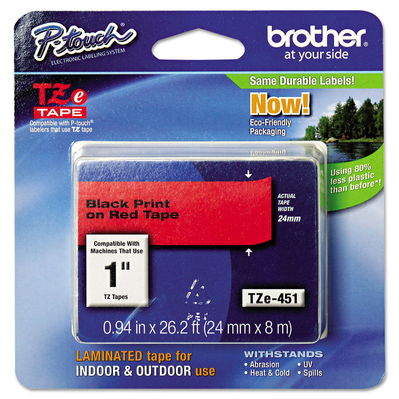 Brother TZe Standard Adhesive Laminated Labeling Tape, 0.94" x 26.2 ft, Black on Red (BRTTZE451)