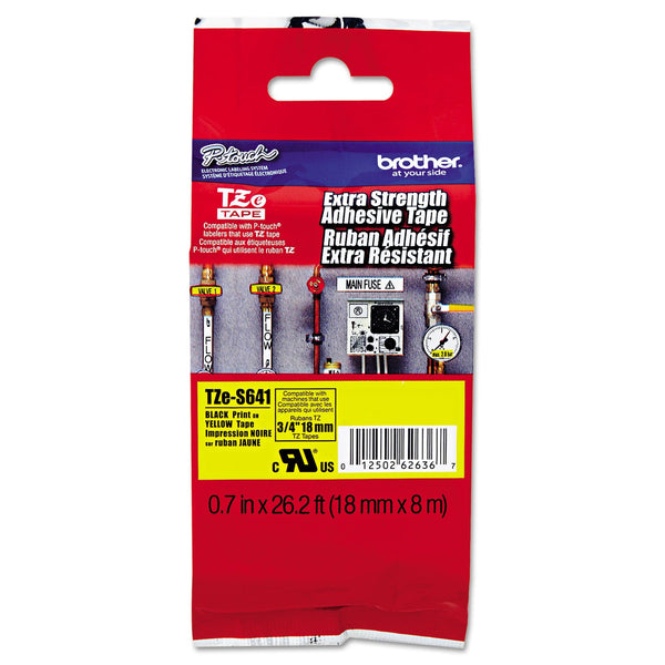 Brother TZe Extra-Strength Adhesive Laminated Labeling Tape, 0.7" x 26.2 ft, Black on Yellow (BRTTZES641)