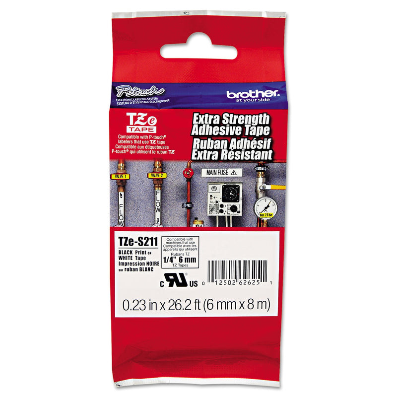 Brother TZe Extra-Strength Adhesive Laminated Labeling Tape, 0.23" x 26.2 ft, Black on White (BRTTZES211)