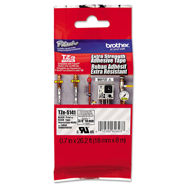 Brother TZe Extra-Strength Adhesive Laminated Labeling Tape, 0.7" x 26.2 ft, Black on Clear (BRTTZES141)