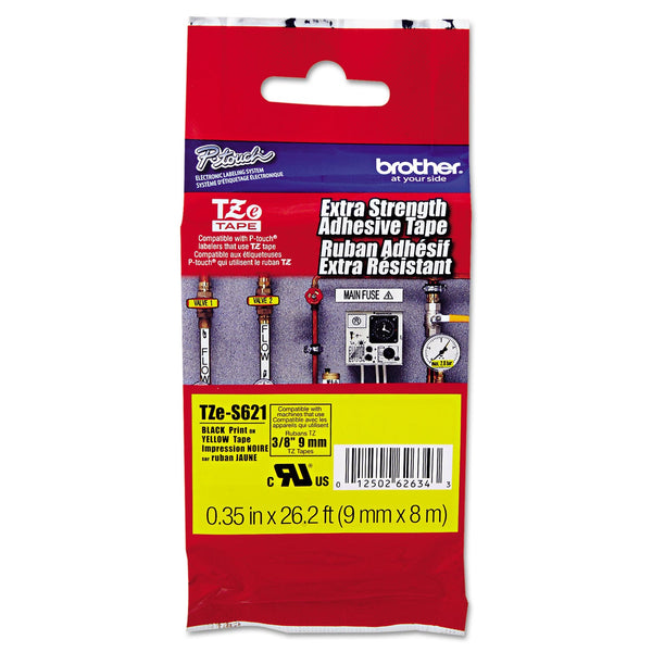 Brother TZe Extra-Strength Adhesive Laminated Labeling Tape, 0.35" x 26.2 ft, Black on Yellow (BRTTZES621)