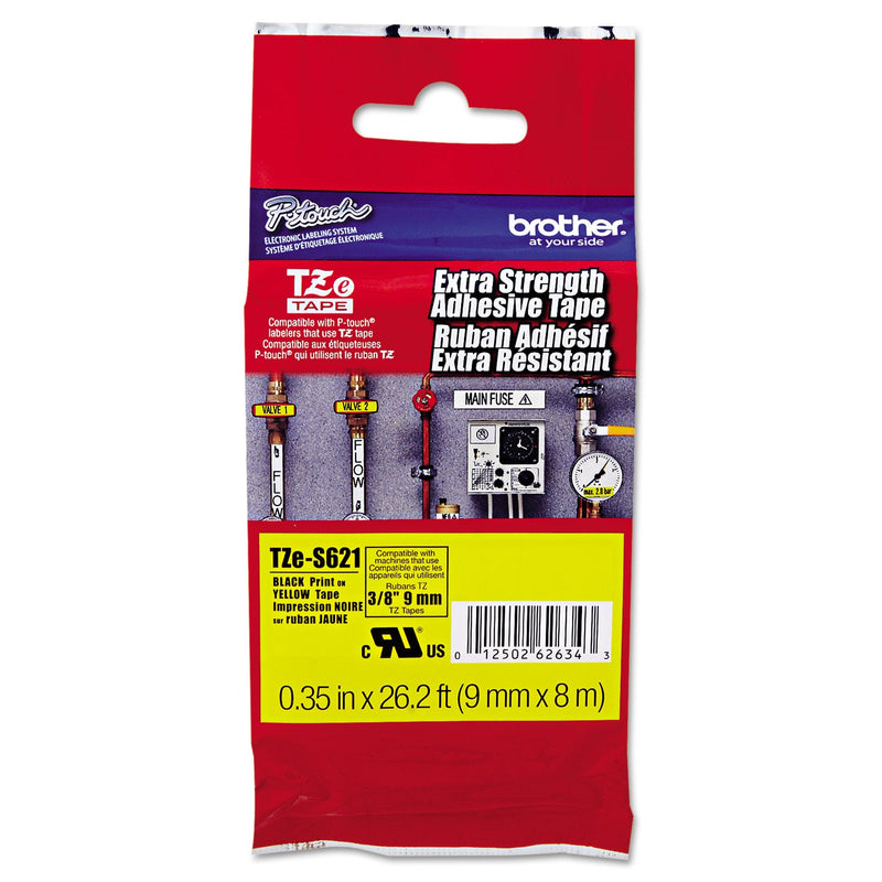 Brother TZe Extra-Strength Adhesive Laminated Labeling Tape, 0.35" x 26.2 ft, Black on Yellow (BRTTZES621)