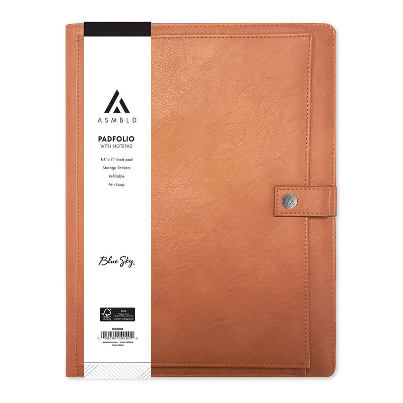 Blue Sky® ASMBLD Professional Faux Leather Padfolio, 8.5 x 11 Pad, 9.45 x 12.13, Snap Closure, Tan (BLS150537)