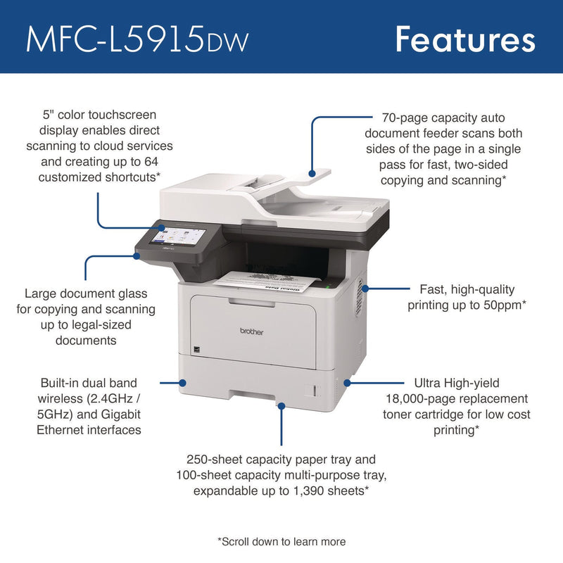 Brother MFC-L5915DW Business Monochrome AIO Laser Printer, Copy/Fax/Print/Scan (BRTMFCL5915DW)