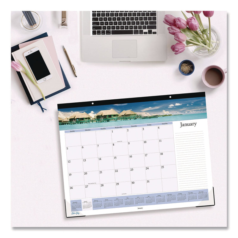 Blue Sky® Islands Desk Pad Calendar, Tropical Island Photography, 22 x 17, Blue/White Sheets, Black Headband, 12-Month (Jan-Dec): 2025 (BLS11789125)