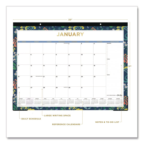 Blue Sky® Meadow Blue Desk Pad Calendar, Floral Artwork, 22 x 17, White/Multicolor Sheet, Black Headband, 12-Month (Jan to Dec): 2025 (BLS14868925)