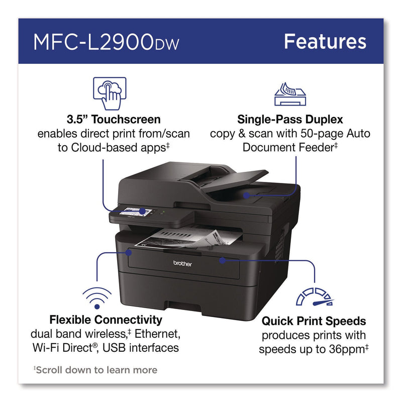 Brother Wireless MFC-L2900DW Compact Monochrome AIO Laser Printer, Copy/Fax/Print/Scan (BRTMFCL2900DW)