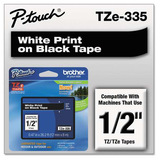 Brother TZe Standard Adhesive Laminated Labeling Tape, 0.47" x 26.2 ft, White on Black (BRTTZE335)