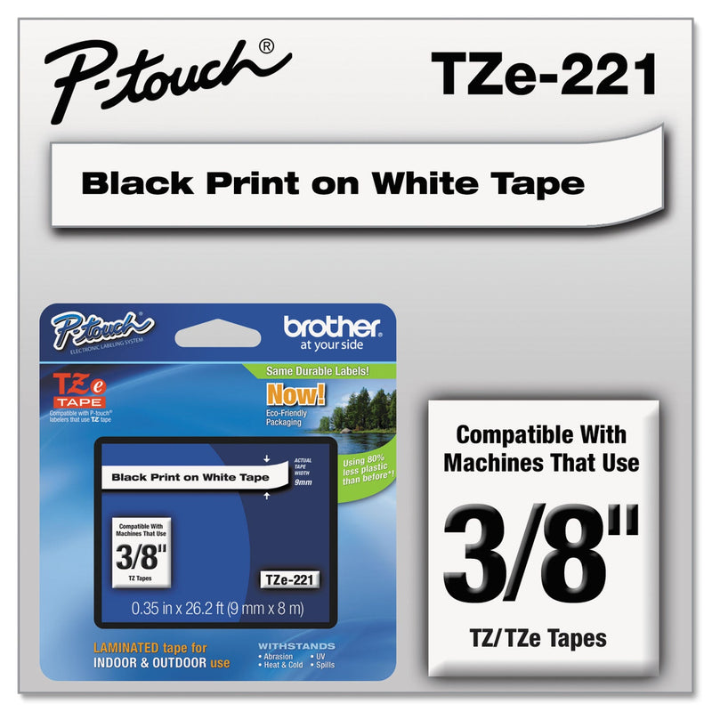 Brother TZe Standard Adhesive Laminated Labeling Tape, 0.35" x 26.2 ft, Black on White (BRTTZE221)