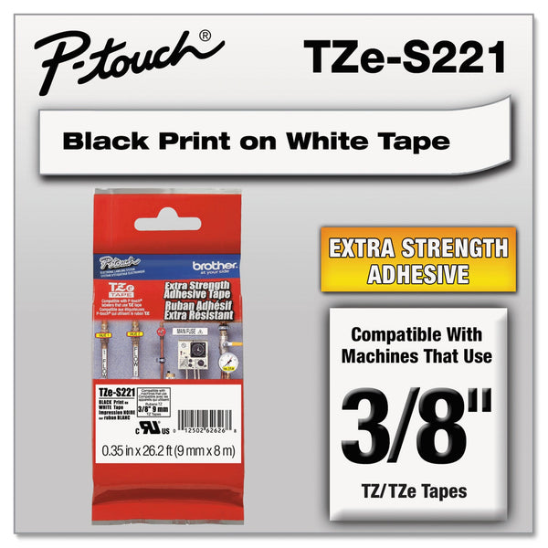 Brother TZe Extra-Strength Adhesive Laminated Labeling Tape, 0.35" x 26.2 ft, Black on White (BRTTZES221)