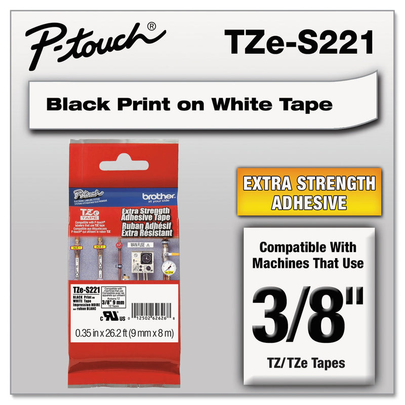 Brother TZe Extra-Strength Adhesive Laminated Labeling Tape, 0.35" x 26.2 ft, Black on White (BRTTZES221)