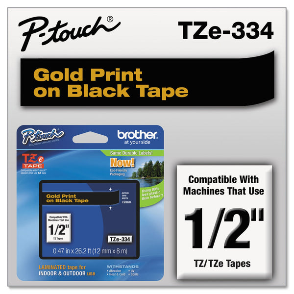 Brother TZe Standard Adhesive Laminated Labeling Tape, 0.47" x 26.2 ft, Gold on Black (BRTTZE334)