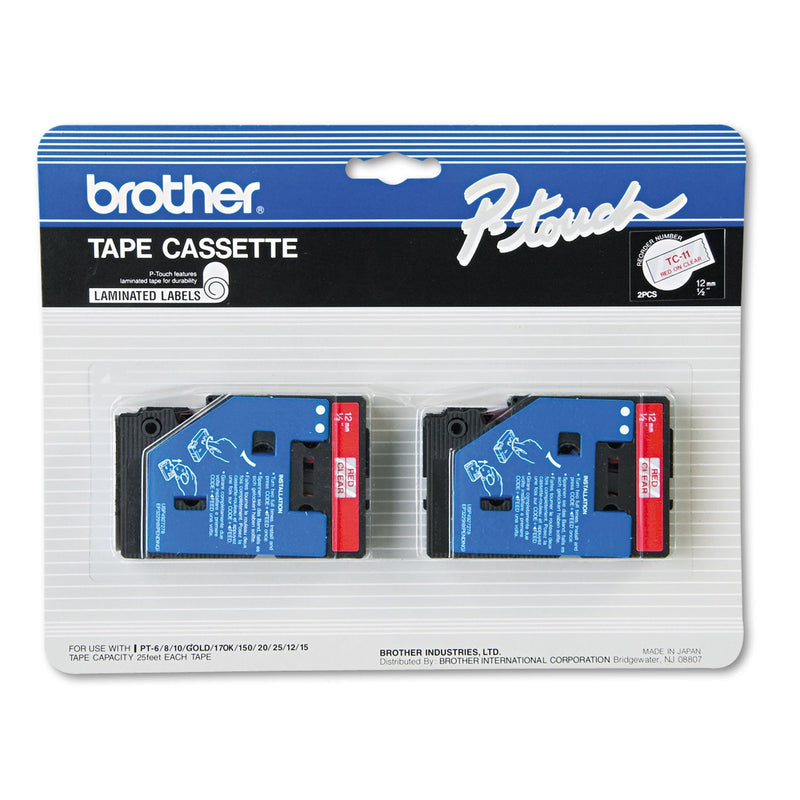 Brother TC Tape Cartridges for P-Touch Labelers, 0.47" x 25.2 ft, Red on Clear, 2/Pack (BRTTC11)
