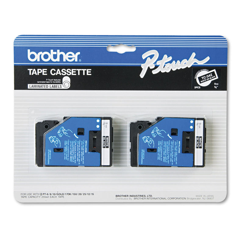 Brother TC Tape Cartridges for P-Touch Labelers, 0.35" x 25.2 ft, White on Black, 2/Pack (BRTTC34Z) (BRTTC34Z)