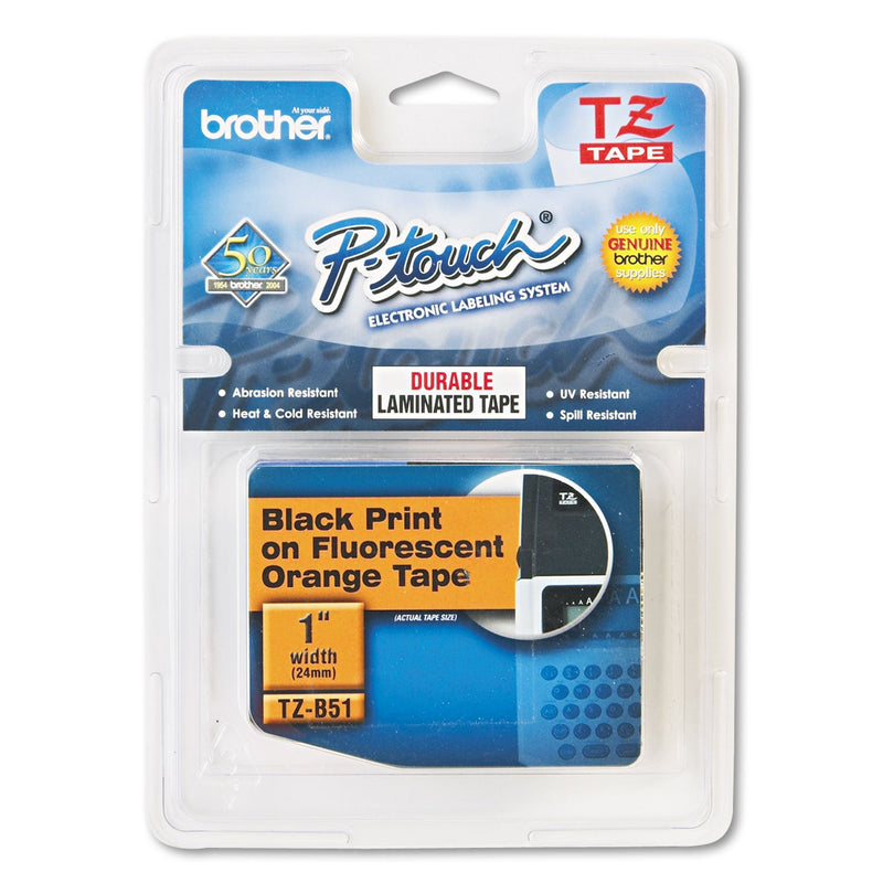 Brother TZ Standard Adhesive Laminated Labeling Tape, 1" x 16.4 ft, Black on Fluorescent Orange (407967)
