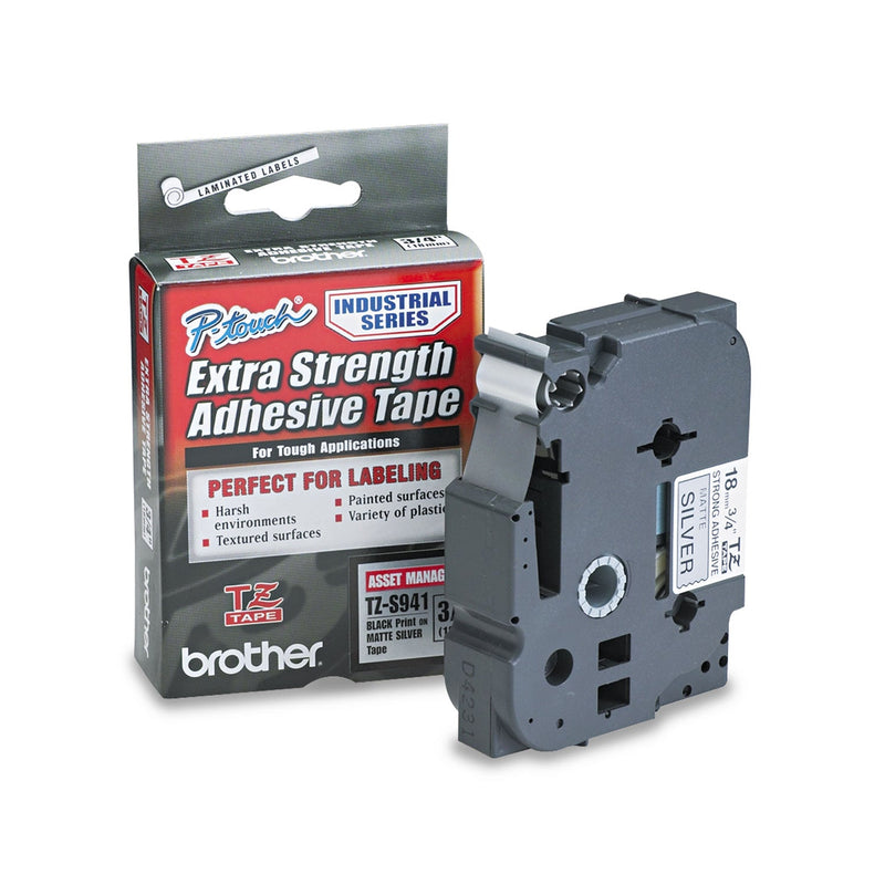 Brother TZ Extra-Strength Adhesive Laminated Labeling Tape, 0.7" x 26.2 ft, Black on Matte Silver (BRTTZES941)