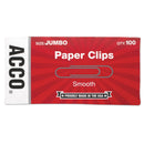 ACCO Paper Clips, Jumbo, Smooth, Silver, 100 Clips/Box, 10 Boxes/Pack (ACC72580)