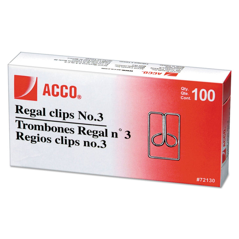 ACCO Regal Clips, Medium (No. 3), Silver, 100/Box (ACC72130)