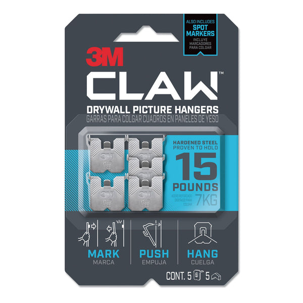 3M™ Claw Drywall Picture Hanger, Holds 15 lbs, 5 Hooks and 5 Spot Markers, Stainless Steel (MMM3PH15M5ES)