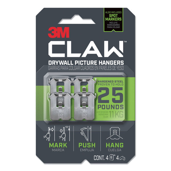 3M™ Claw Drywall Picture Hanger, Holds 25 lbs, 4 Hooks and 4 Spot Markers, Stainless Steel (MMM3PH25M4ES)