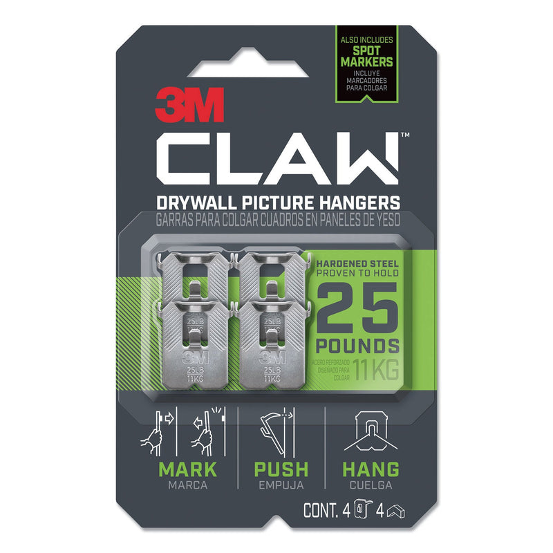 3M™ Claw Drywall Picture Hanger, Holds 25 lbs, 4 Hooks and 4 Spot Markers, Stainless Steel (MMM3PH25M4ES)