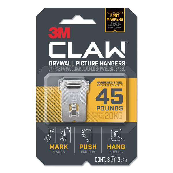 3M™ Claw Drywall Picture Hanger, Holds 45 lbs, 3 Hooks and 3 Spot Markers, Stainless Steel (MMM3PH45M3ES)