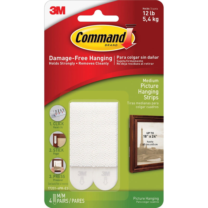 3M™ Hanging Strips, f/Med. Picture, Holds 3 lbs., 4/PK, WE (MMM172014PK)