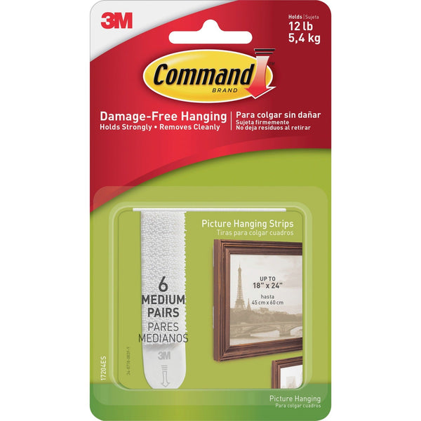3M™ Picture Hanging Strips w/Adhes, Med, Holds 3lbs., 6/PK, WE (MMM17204)