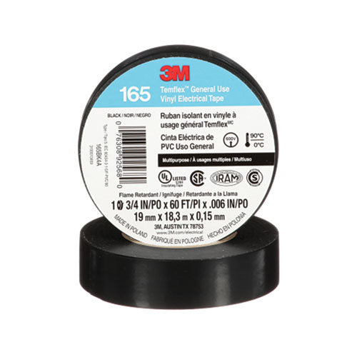 3M™ Temflex™ Vinyl Electrical Tape 165, 60 ft x 3/4 in, Black (405-076308-92568)