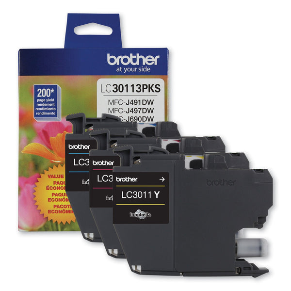 Brother LC3011 Ink, 200 Page-Yield, Cyan/Magenta/Yellow, 3/Pack (BRTLC30113PKS)