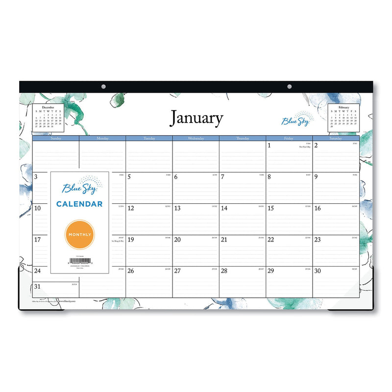 Blue Sky® Lindley Desk Pad, Floral Artwork, 17 x 11, White/Blue/Green Sheets, Black Binding, Clear Corners, 12-Month (Jan to Dec): 2025 (BLS100024)