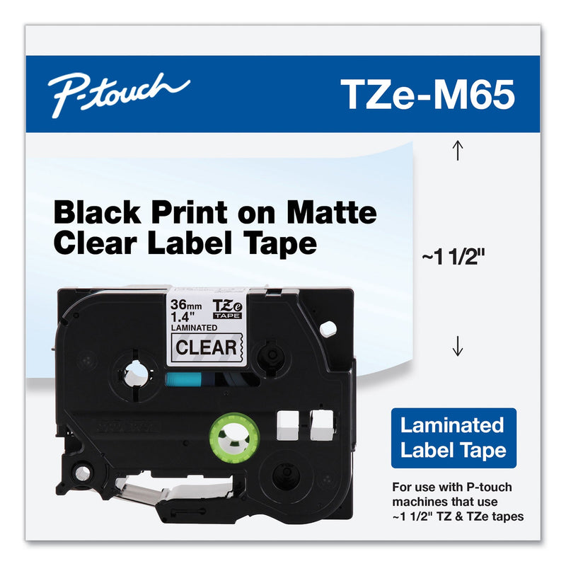 Brother TZe Standard Adhesive Laminated Labeling Tape, 1.4" x 26.2 ft, White on Matte Clear (BRTTZEM65)