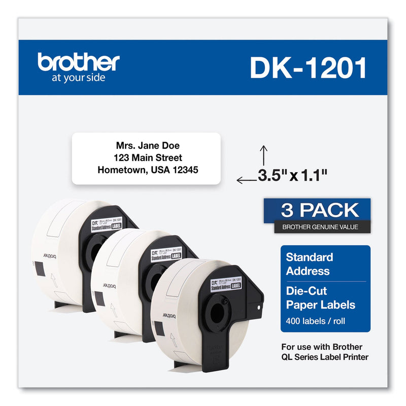 Brother Die-Cut Address Labels, 1.1 x 3.5, White, 400/Roll, 3 Rolls/Pack (BRTDK12013PK)