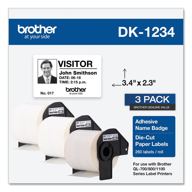 Brother Die-Cut Name Badge Labels, 2.3 x 3.4, White, 260/Roll, 3 Rolls/Pack (BRTDK12343PK)