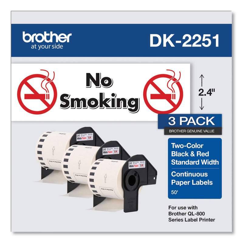 Brother Continuous Paper Label Tape, 2.44" x 100ft, White, 3 Rolls/Pack (BRTDK22513PK)