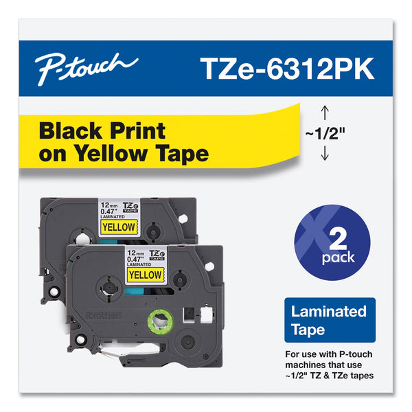 Brother TZe Standard Adhesive Laminated Labeling Tape, 0.47" x 26.2 ft, Black on Yellow, 2/Pack (BRTTZE6312PK)